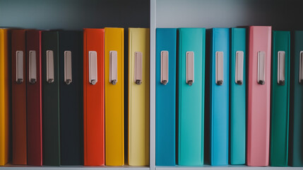 
A row of neatly arranged file folders in different colors, with labeled tabs visible, adding a pop of color to a clean, white desktop.