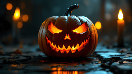 Fototapeta premium Menacing Halloween pumpkin with sharp features illuminated by candlelight