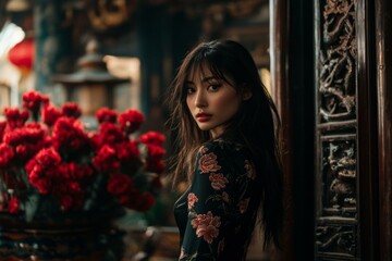 Woman in black dress stands before mirror, capturing elegant reflection in simple, stylish setting.