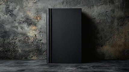 A simple black book is set against a textured, dark backdrop, creating a moody and dramatic atmosphere.