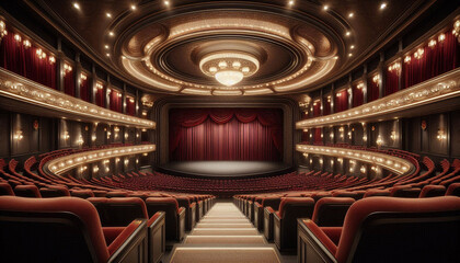 Obraz premium Luxurious theater auditorium viewed from behind with seats at a higher elevation in the back and lower closer to the stage. The stage is a blank black screen with red curtain pulled