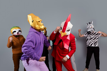 Photo of zebra raccoon lion panda sloth mask people gorilla rooster fight isolated on grey color...