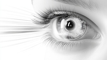 The close-up features a person wearing glasses, showcasing a futuristic eye hologram and digital data, symbolizing advanced biometric security