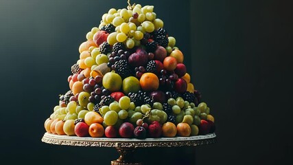 A large fruit pyramid, made of grapes, blackberries, peaches, and oranges, sits on a silver platter