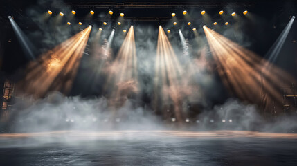 Empty concert stage with illuminated spotlights and smoke