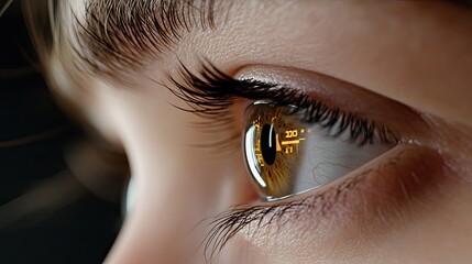 The close-up features a person wearing glasses, showcasing a futuristic eye hologram and digital data, symbolizing advanced biometric security