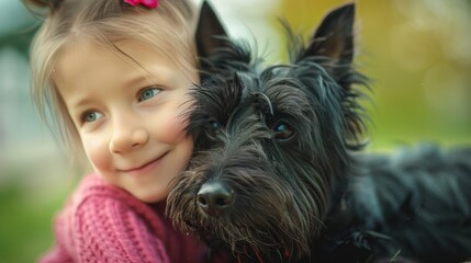 A young girl warmly embraces her black dog, showcasing a heartfelt moment of love and friendship, capturing an innocent connection in a colorful outdoor setting.