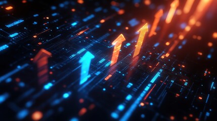 Digital arrows showing growth in a futuristic data visualization, glowing red and blue arrows pointing upward, technology concept, business growth, data analysis, innovation, success, digital trends