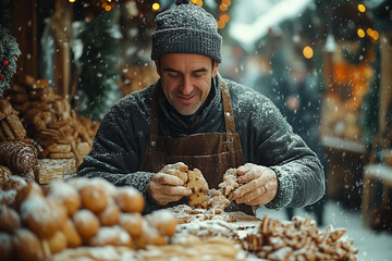 A baker at a Christmas market booth, preparing fresh gingerbread cookies, soft snowfall in the background.