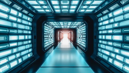 Fototapeta premium Futuristic Corridor - Empty Reflection, A gleaming, empty corridor with a sleek futuristic design. Reflective walls and floor create depth and a sense of isolation. Ideal for sci-fi, technology.