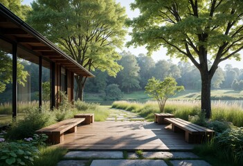 A serene wooden patio with benches and lush greenery beside a tranquil lake at sunrise