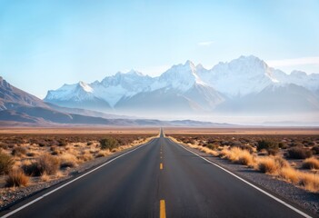 Fototapeta premium Scenic road leading through arid landscape towards snow-capped mountains during clear daylight hours in remote region
