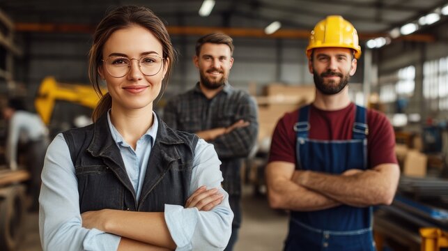 A diverse group of cheerful professionals displays camaraderie, dressed for their respective trades and looking confidently at the camera