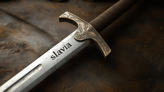 sword with the notch "slavia" on a brown table