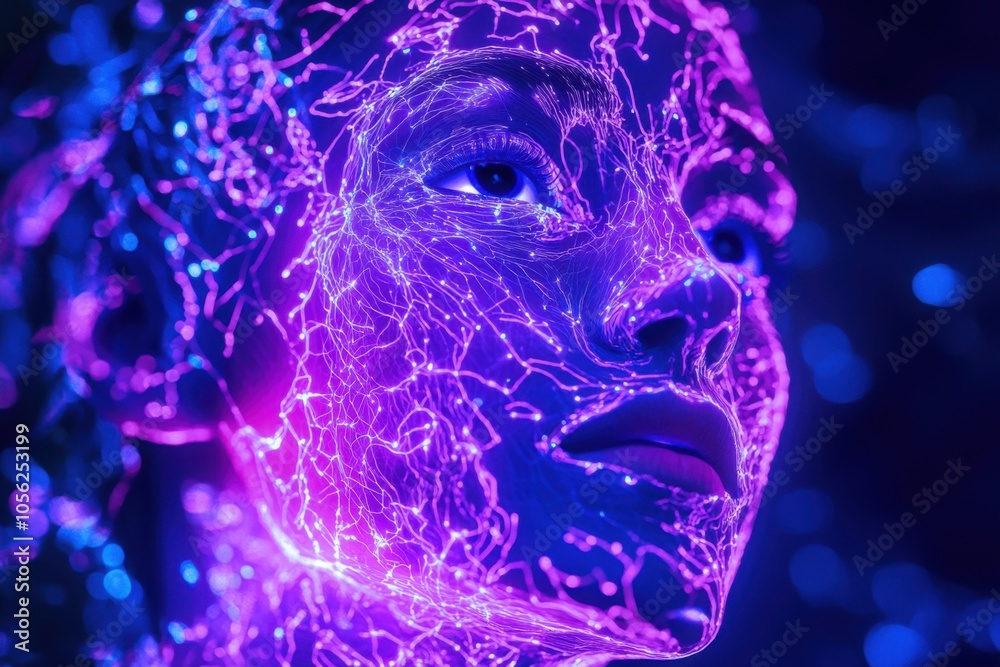 Poster A woman's face made of glowing purple and blue neural networks with bright lights in the background, creating an otherworldly atmosphere. The intricate patterns add to its futuristic appearance.