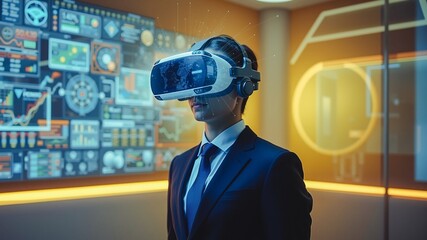 Virtual Reality Data Analyst, A professional man wearing a VR headset interacts with data visualizations projected on a large screen. Immersed in a virtual environment.