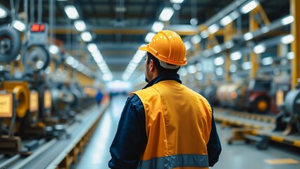 Factory Worker Inspecting Machinery, A worker wearing a yellow hard hat and safety vest inspects industrial machinery in a bustling factory setting.