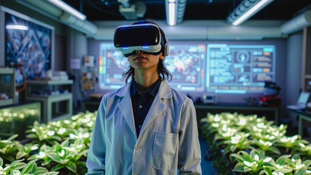 Scientist Utilizing VR for Plant Research, A researcher in a lab coat wearing a virtual reality headset interacts with plants. Surrounded by greenery.