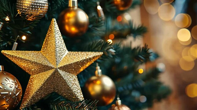 Golden star topper on a lavishly decorated Christmas tree, with each branch adorned with gold ornaments and glittering lights. . Video