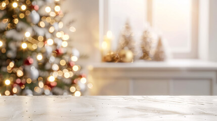 Empty white wool table top with abstract warm living room decor with Christmas tree string light blur background with snow. Holiday backdrop. Mock-up banner for display of advertise products