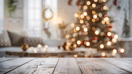 Empty white wool table top with abstract warm living room decor with Christmas tree string light blur background with snow. Holiday backdrop. Mock-up banner for display of advertise products