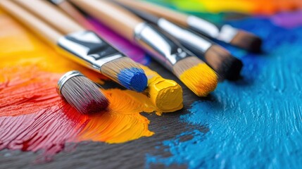 Obraz premium Paintbrushes resting on vibrant strokes of colorful paint on a wooden palette, AI