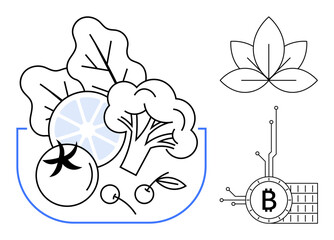 A minimalistic line drawing combines fresh vegetables in a bowl, a pair of leaves, and a Bitcoin symbol with circuits. Ideal for themes like technology, health, cryptocurrency, nature, and modern