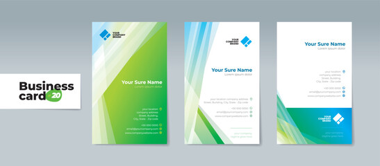 Set of business card templates with illustrations of randomly stacked transparent blue and green triangles on a blue and white background