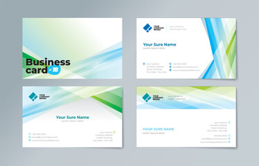 Set of business card templates with illustrations of randomly stacked transparent blue and green triangles on a blue and white background