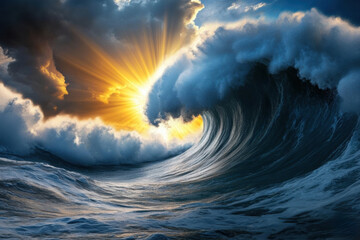 Majestic ocean wave illuminated by a dramatic sunset, creating a powerful scene, AI