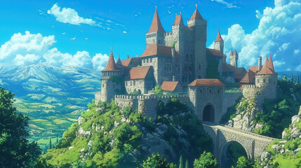 Fototapeta premium illustration of fantasy european medieval castle in style of modern anime