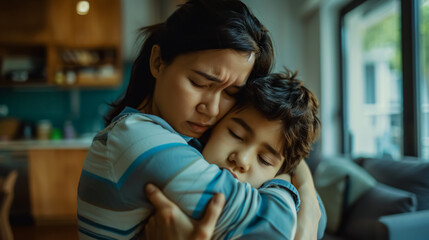 mother hug her children. unhappy, conflict, stress