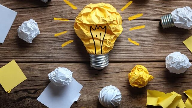 Illuminating Ideas:  A crumpled yellow paper lightbulb shines brightly amidst scattered notes and crumpled papers on a rustic wooden surface, symbolizing the creative process and breakthrough ideas. 
