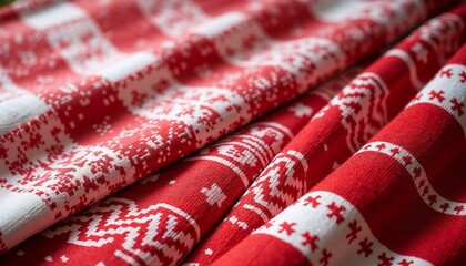 Fototapeta premium Close-up of Swiss traditional fabric patterns in red and white, evoking warmth and national pride for the holiday with copy space