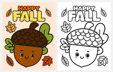 Cute cartoon acorn coloring page for kids, Fall coloring pages for kids © Artika95