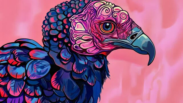 A vibrant, stylized depiction of a vulture's head, showcasing intricate patterns and bold colors against a soft pink background