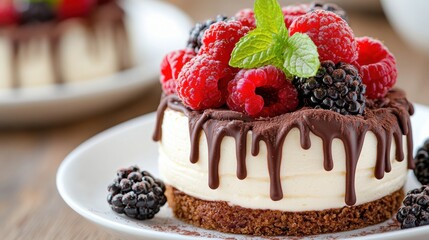 Decadent cheesecake topped with fresh berries and chocolate drizzle, AI