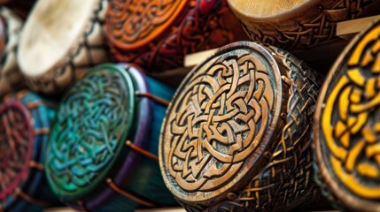 A handcarved traditional Irish bodhrÃ¡n drum sits on a shelf adorned with colorful Celtic patterns.