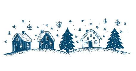 Christmas houses with tree blue on white	
