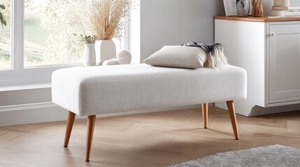 A stylish white bench with wood legs and a soft boucl top sits against a plain wall, complemented by a hanging plant for a clean look