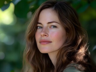 Fototapeta premium A close up of a woman with long brown hair and green background