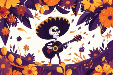 Brightly colored skeleton playing guitar, adorned with a sombrero and festive poncho in "Dia de Muertos" colors..