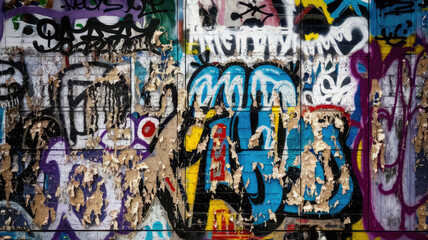 Graffiti on distressed wall with chaotic colors and textures.