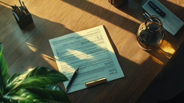 A top-down view of accounting statements and a stylish pen on a bright desk, illuminated by morning light.