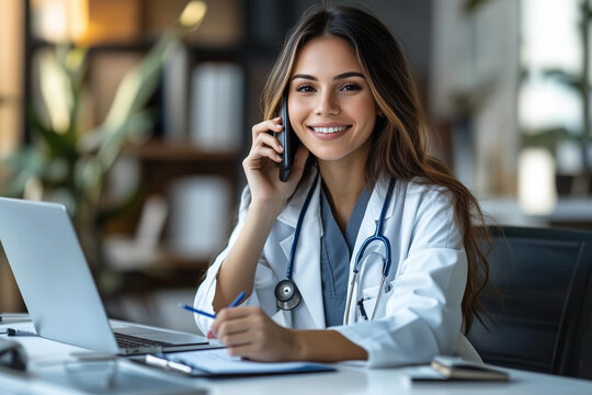 Uśmiechnięta Kobieta doktor rozmawia przez telefon z pacjentem, obok stoi laptop