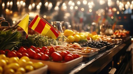A vibrant display of the Belgium flag alongside local foods during a culinary event,