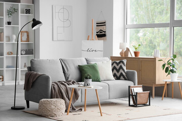 Obraz premium Interior of stylish modern living room with grey sofa, coffee table and shelving unit