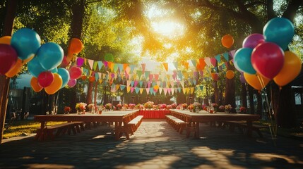 A vibrant graduation ceremony with colorful balloons and banners in a sunny outdoor setting.