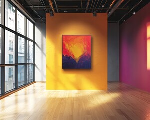 Dramatic portrait of an art piece hanging on a vibrant wall in a modern art gallery