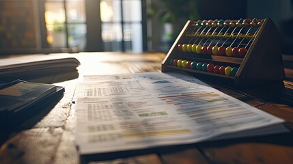 A vibrant layout of financial documents and an abacus on a polished wooden table with soft natural lighting.